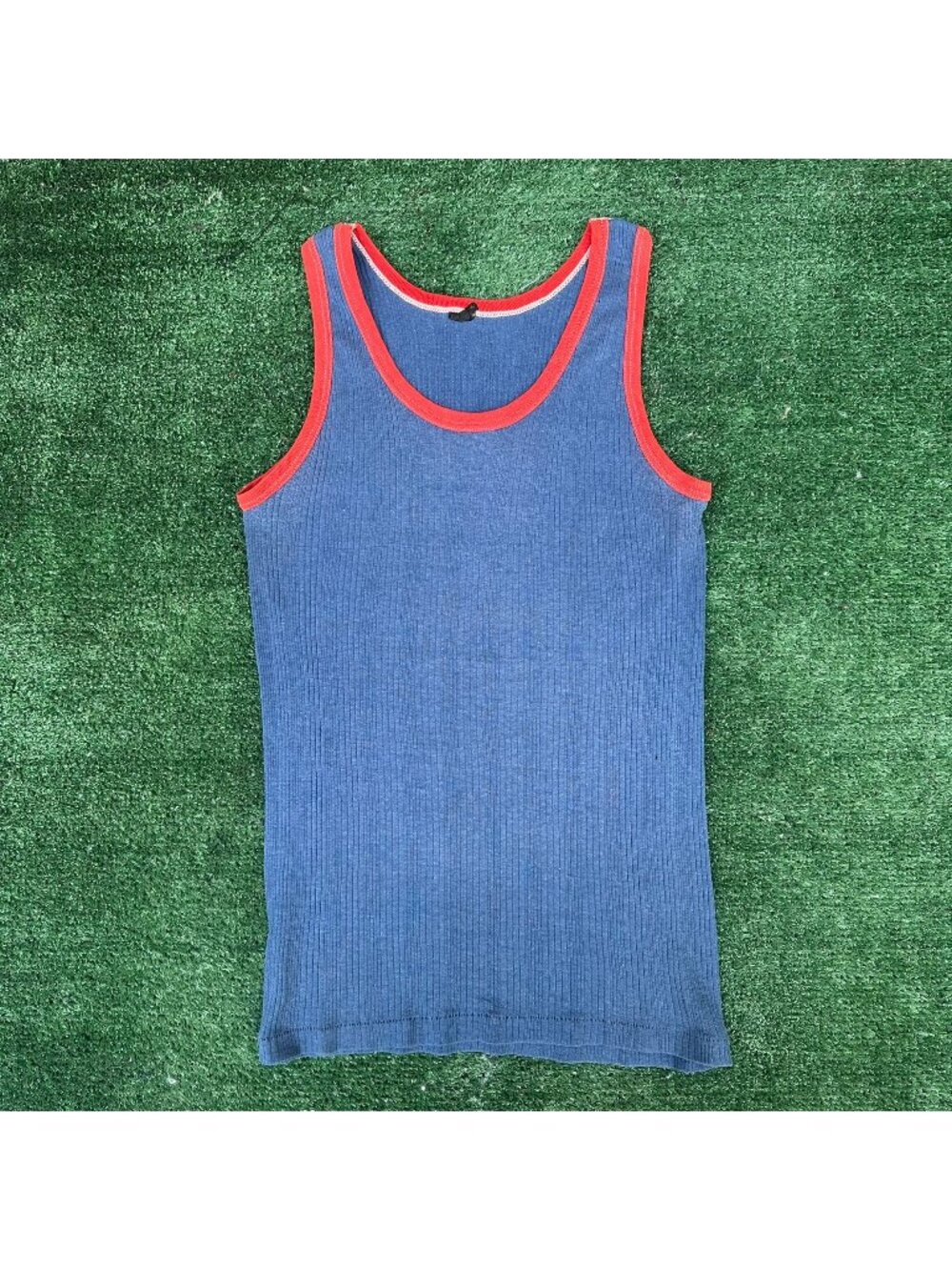Vintage 70s Ribbed Ringer Tank Top Blue S/M Single Stitch Plain Blank Skipper